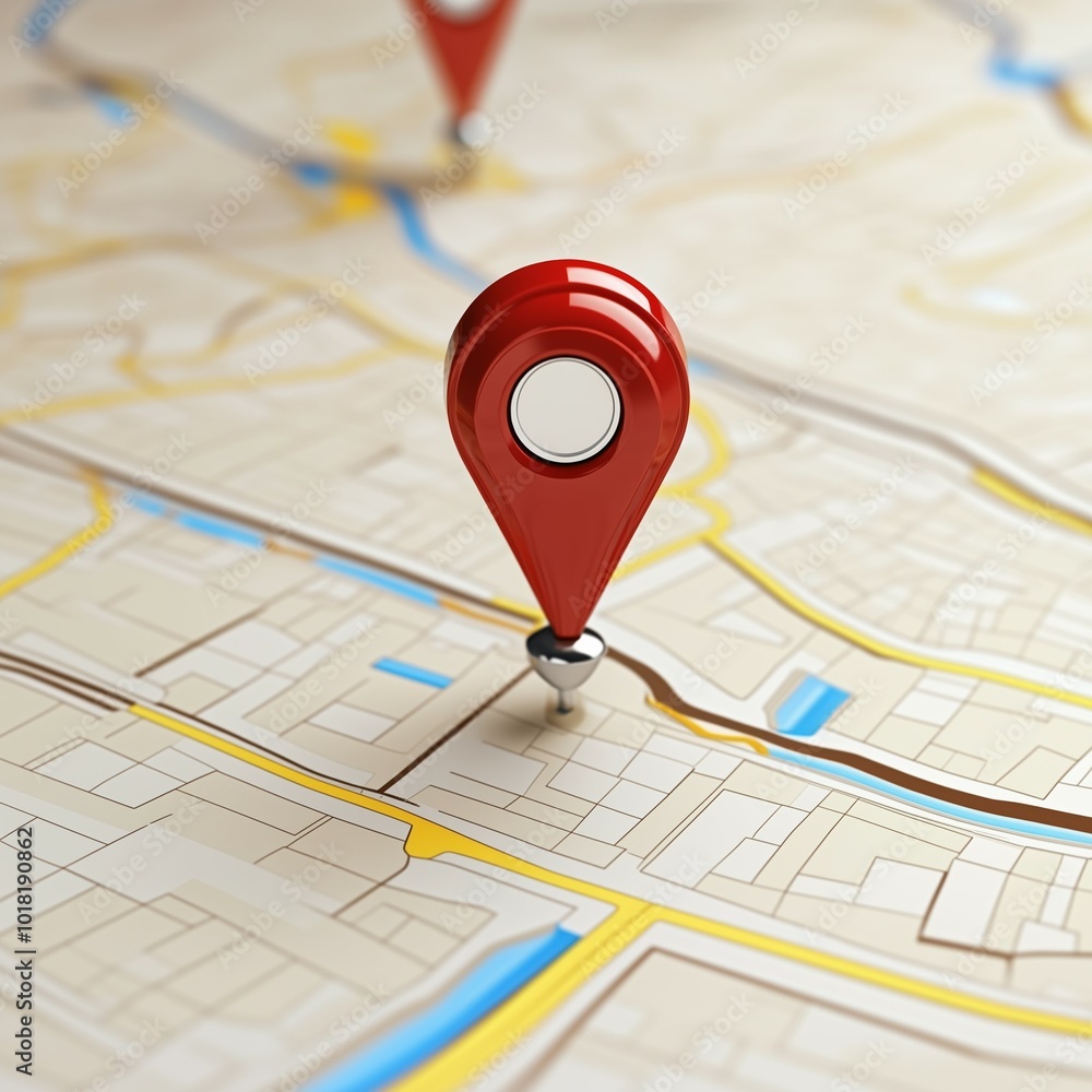 Red location pin on a detailed city map representing navigation, geography, and route planning for travel Red location pin on a detailed city map representing navigation, geography, and route planning for travel