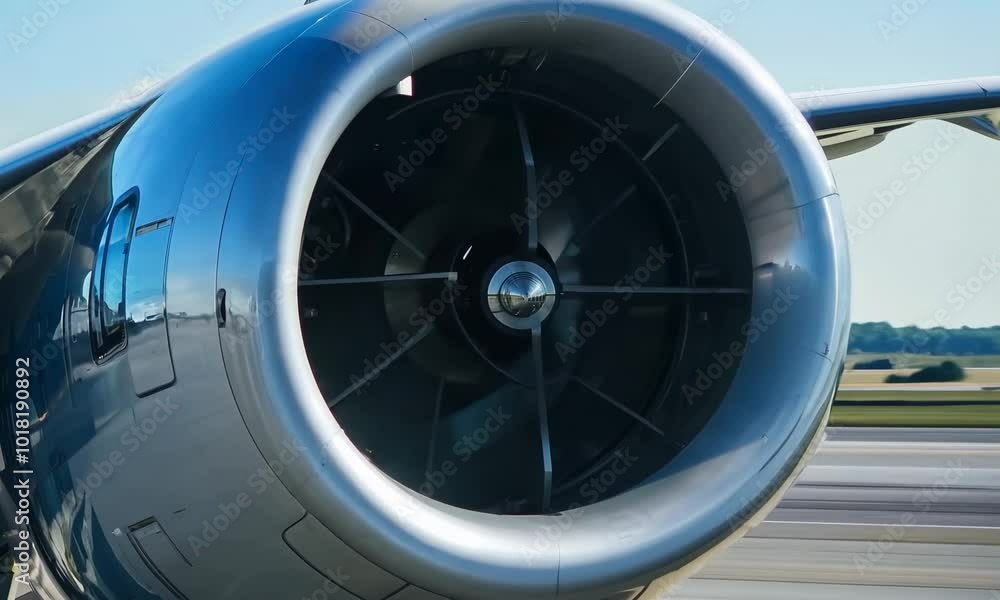 Close-up view of an airplane engine on the runway at an airport. Close-up view of an airplane engine on the runway at an airport.