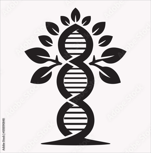 tree trunk with leaves on top in the shape of a DNA spiral, black silhouette vector illustration