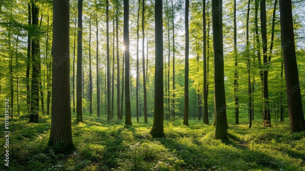 A dense forest with sunlight streaming through the trees and a carpet of green moss on the forest floor. A dense forest with sunlight streaming through the trees and a carpet of green moss on the forest floor.