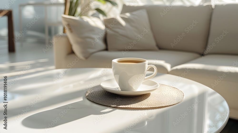 Minimalist White Coffee Cup with Geometric Coaster on Glass Table in Modern Living Room Minimalist White Coffee Cup with Geometric Coaster on Glass Table in Modern Living Room
