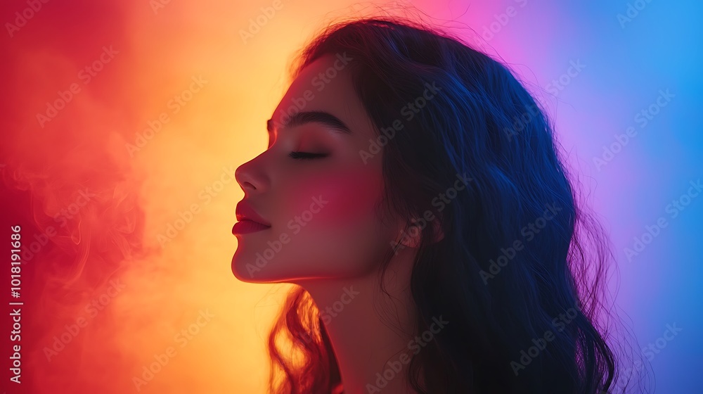 Woman in Profile with Colorful Smoke and Neon Lighting Woman in Profile with Colorful Smoke and Neon Lighting