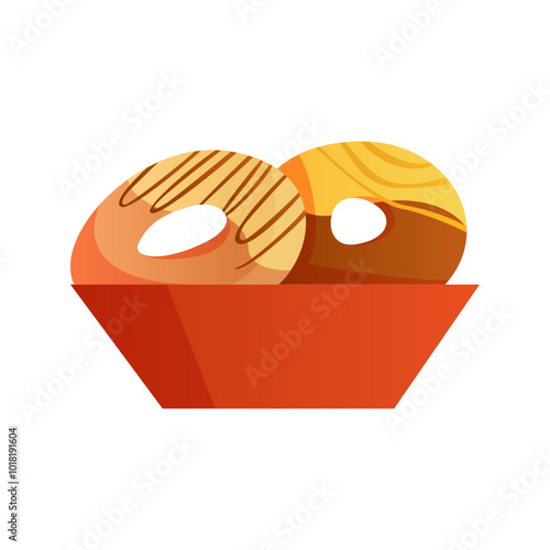 Donuts in chocolate glaze on plate, dessert in school canteen or cafe vector illustration