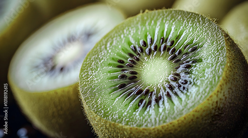 Vibrant kiwi fruit slice revealing its lush green interior and intricate geometric pattern. Close-up macro shot showcasing the juicy,sweet,and nutritious nature of this exotic tropical fruit.