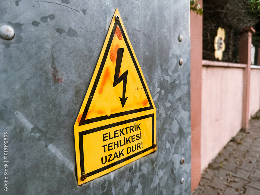 Turkey street electrical panel with lightning bolt caution sign. Turkey street electrical panel with lightning bolt caution sign.