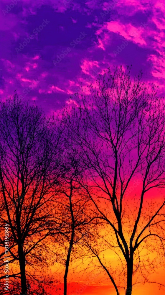 Silhouetted trees against a vibrant sunset sky filled with purple, orange, and pink hues. Silhouetted trees against a vibrant sunset sky filled with purple, orange, and pink hues.
