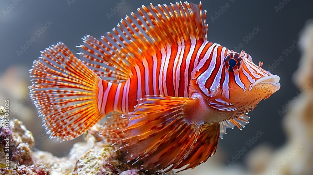 Fototapeta premium Vibrant Venomous Lionfish Swimming in Tropical Coral Reef Underwater. Colorful marine wildlife in exotic ocean ecosystem. Biodiversity and beauty of the deep sea.