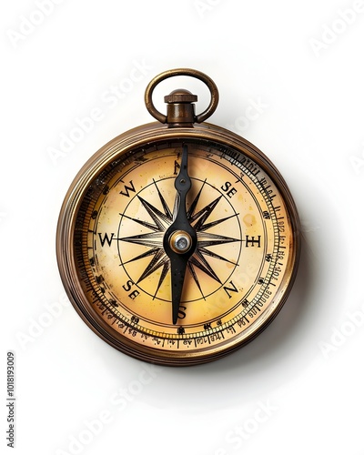 Detailed Brass Compass on White Background Symbolizing Guidance and Direction