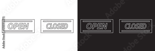 open and closed signs hanging icon door welcome sign for store cafes label outline symbol Vector illustration isolated on white and black background. EPS 10