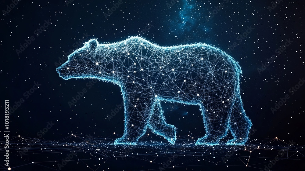 An artful visualization of a bear made up of delicate, shining strands of light set in a deep space scenery, merging wildlife and futuristic aesthetics. An artful visualization of a bear made up of delicate, shining strands of light set in a deep space scenery, merging wildlife and futuristic aesthetics.