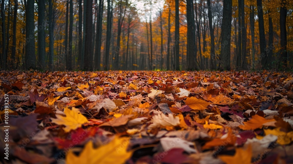 A thick layer of fallen autumn leaves in warm tones of orange, red, and yellow, covering the forest ground