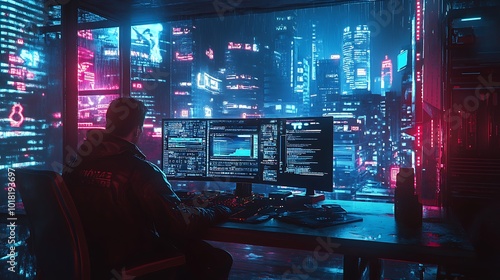 Bitcoin symbol illuminated within vibrant cyberpunk inspired workspace environment