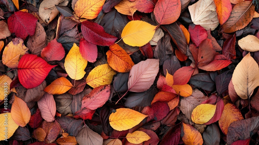 A thick pile of autumn leaves in various shades of red, orange, and yellow scattered on the forest floor, capturing the beauty of fall A thick pile of autumn leaves in various shades of red, orange, and yellow scattered on the forest floor, capturing the beauty of fall