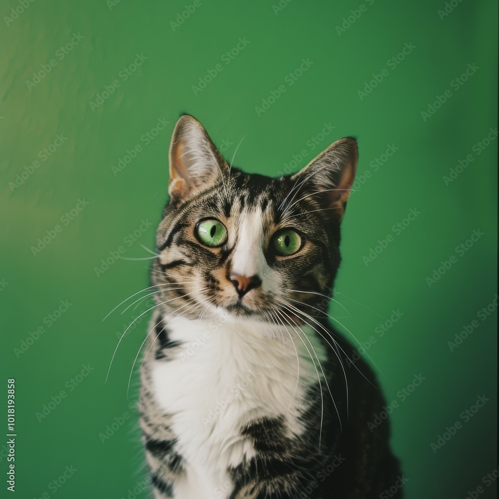 A tabby cat with bright green eyes gazes intently at the camera against a plain green background, exuding curiosity and charm. A tabby cat with bright green eyes gazes intently at the camera against a plain green background, exuding curiosity and charm.