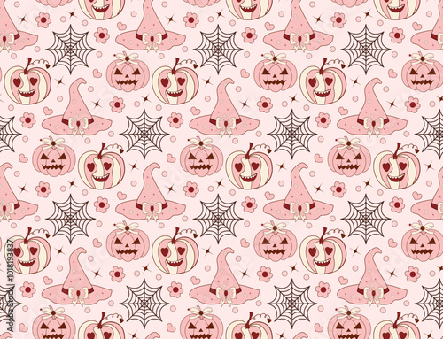 Coquette halloween seamless vector pattern, texture for wallpaper, wrapping paper, textile. Vector illustration
