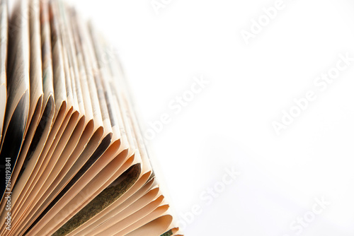 Fragment of an open antique book with pages bruised from the left side of the image and each one folded inwards