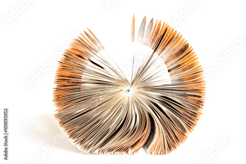 Fragment of an open old book with bruised pages, each folded inwards and centered, forming a spiral in its entirety photo