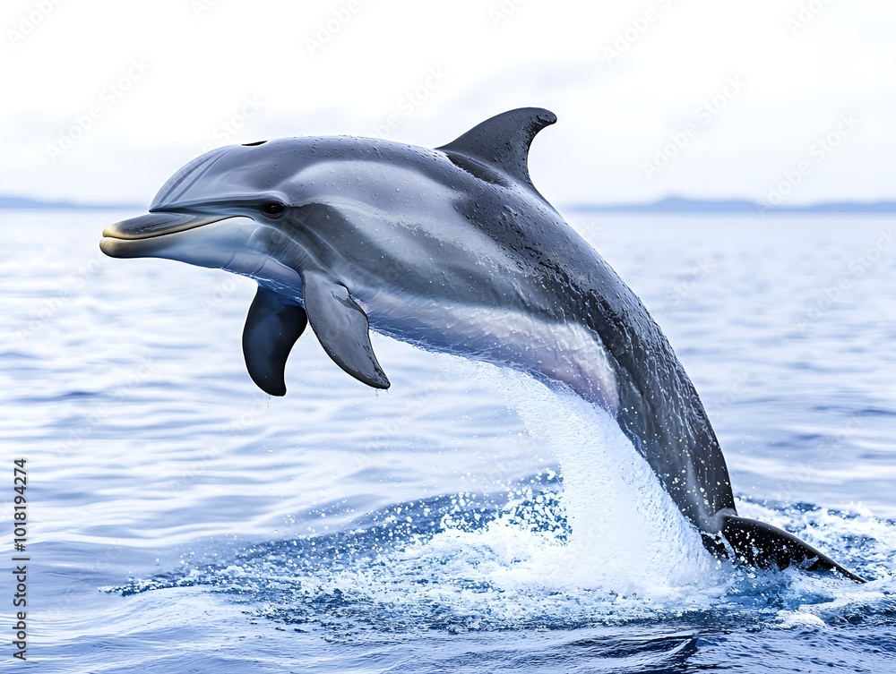 Fototapeta premium Playful bottlenose dolphin jumping out of the water, isolated