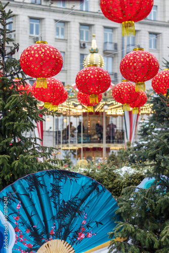 Street is decorated with red lanterns and blue fan to celebrate Chinese New Year