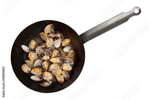 Overhead shot of black frying pan with clams on white background