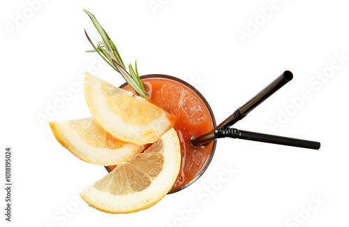 Overhead shot of tomato cocktail glass with lemon and rosemary garnish and two black straws on white background