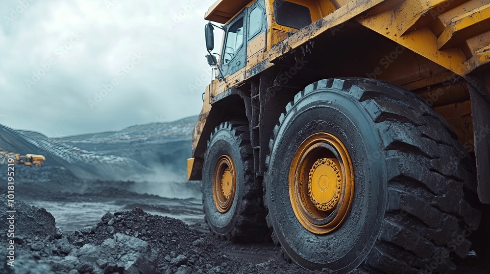 Close-up of a Large Yellow Mining Dump Truck Tire Close-up of a Large Yellow Mining Dump Truck Tire