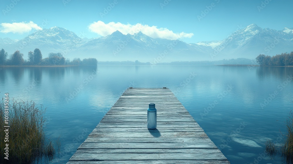 Naklejka premium A serene lake view with a water bottle on a wooden dock.