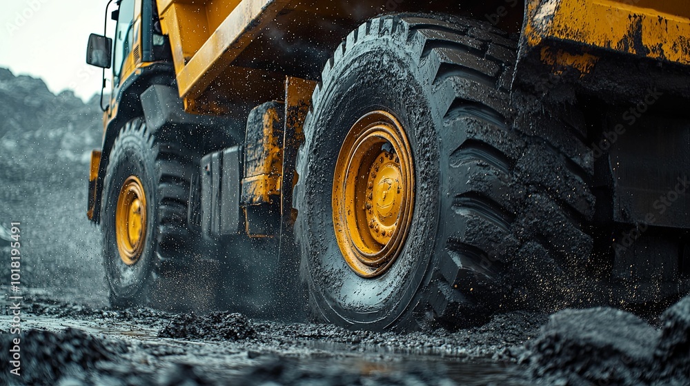 Closeup of a Mud-Covered Yellow Dump Truck Tire Closeup of a Mud-Covered Yellow Dump Truck Tire