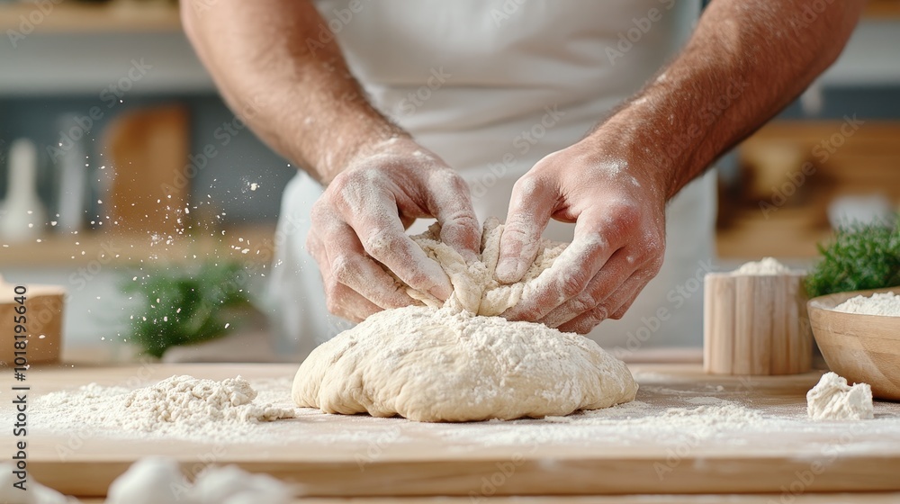 Close-up of dough being kneaded on a floured surface, hands pressing firmly as the dough stretches and folds, Picture taken by Nikon Z7 35mm+ lens Close-up of dough being kneaded on a floured surface, hands pressing firmly as the dough stretches and folds, Picture taken by Nikon Z7 35mm+ lens