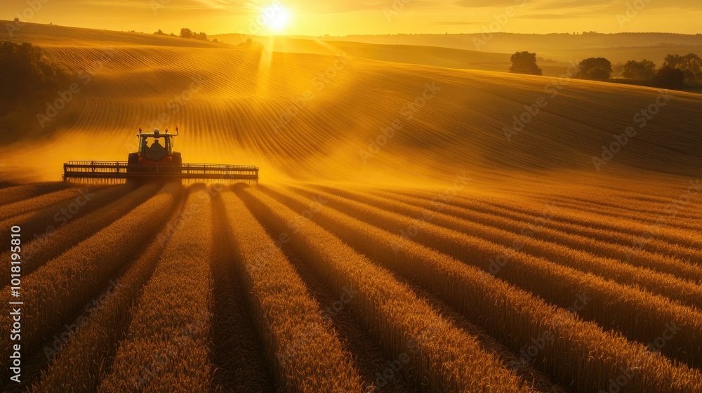 A tractor harvesting barley under a golden sunset, with long shadows cast over the fields. A tractor harvesting barley under a golden sunset, with long shadows cast over the fields.