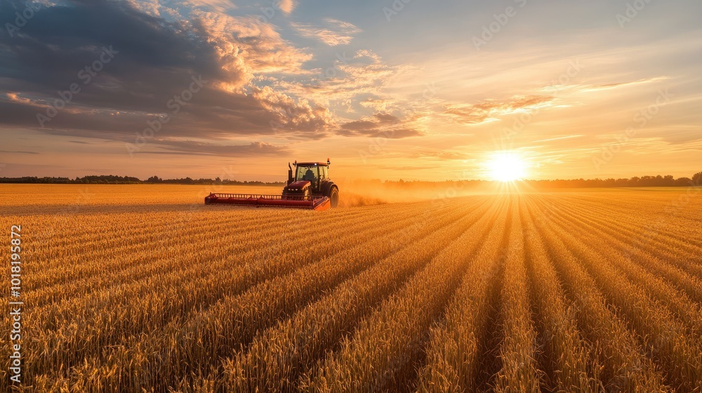 Fototapeta premium A tractor harvesting barley under a golden sunset, with long shadows cast over the fields.
