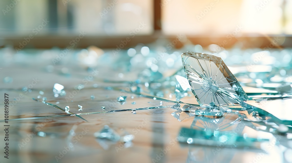 Close-up of broken mirror shards on the floor, soft-focus background, natural light, bokeh effect, sharp detail. Close-up of broken mirror shards on the floor, soft-focus background, natural light, bokeh effect, sharp detail.