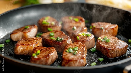 Juicy cuts of meat searing in a hot pan, the edges caramelizing to a golden brown as the meat sizzles in its juices, Picture taken by Nikon Z7 35mm+ lens