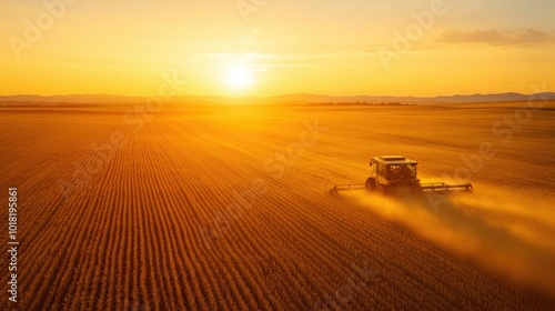 A tractor harvesting barley under a golden sunset, with long shadows cast over the fields.