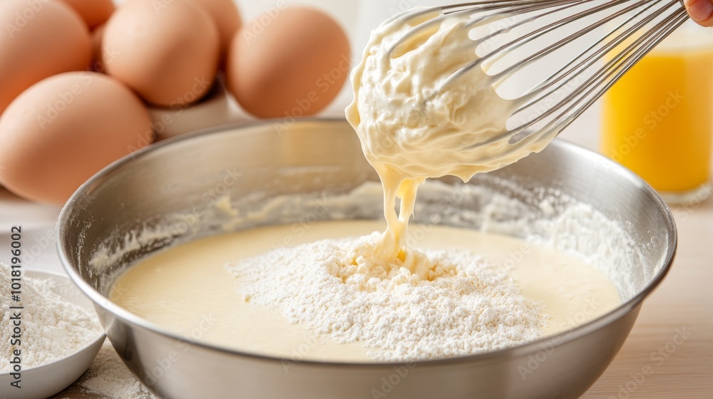 A whisk mixing together ingredients in a large metal bowl, the batter slowly thickening as air is incorporated, Picture taken by Nikon Z7 35mm+ lens A whisk mixing together ingredients in a large metal bowl, the batter slowly thickening as air is incorporated, Picture taken by Nikon Z7 35mm+ lens