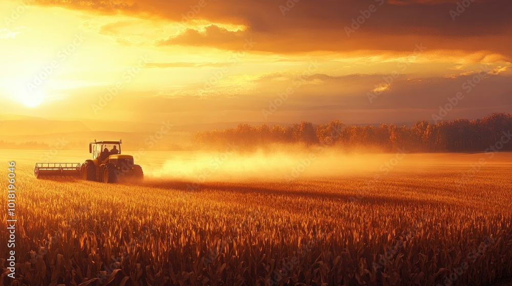 A tractor harvesting corn in a vast field, with dust rising in the golden afternoon light. A tractor harvesting corn in a vast field, with dust rising in the golden afternoon light.