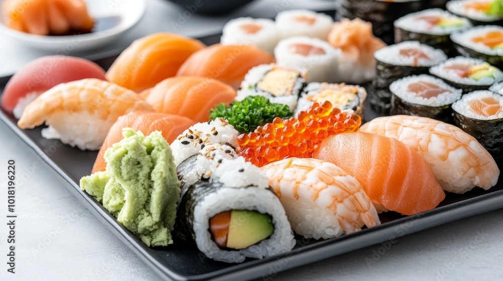 Perfectly rolled sushi being artfully arranged on a plate with fresh wasabi and pickled ginger, each roll glistening, Picture taken by Nikon Z7 35mm+ lens Perfectly rolled sushi being artfully arranged on a plate with fresh wasabi and pickled ginger, each roll glistening, Picture taken by Nikon Z7 35mm+ lens