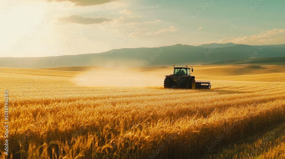 Fototapeta premium A tractor plowing through a barley field, with golden crops ready for harvest under the afternoon sun.