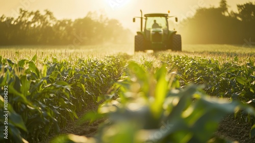 A tractor moving through a cornfield at dawn, with soft morning light illuminating the plants.