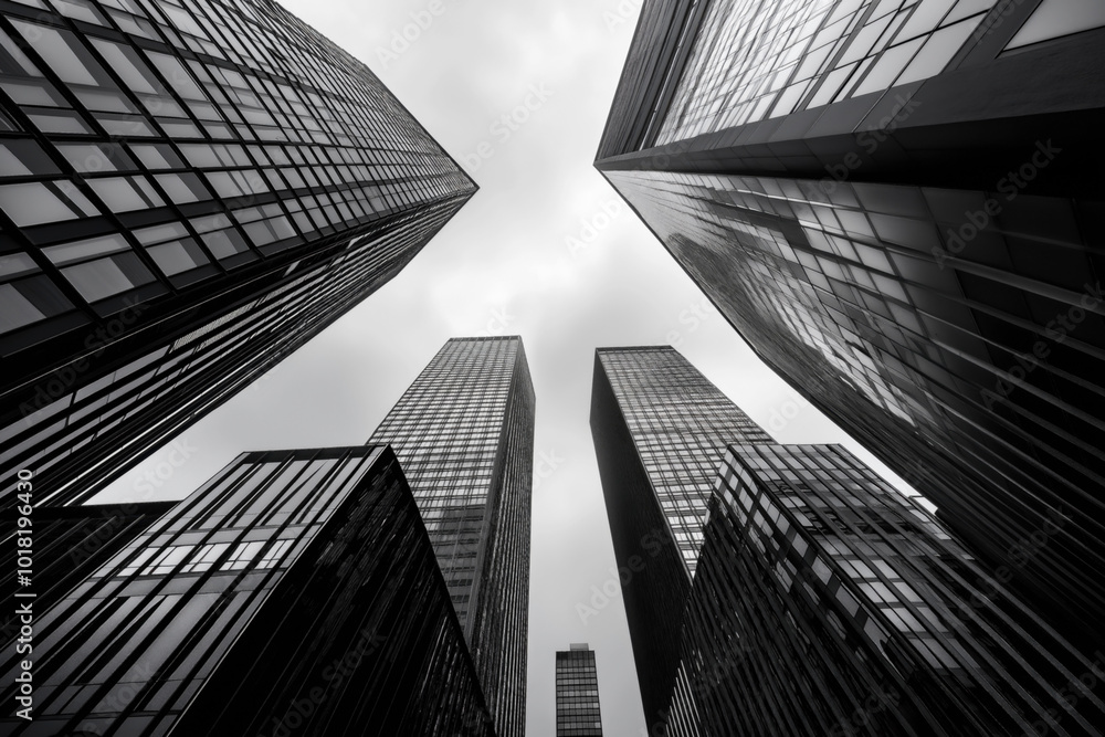 Fototapeta premium Low-angle view of modern skyscrapers with glass facades reflecting the cloudy sky, creating a dramatic and imposing cityscape in an urban environment.