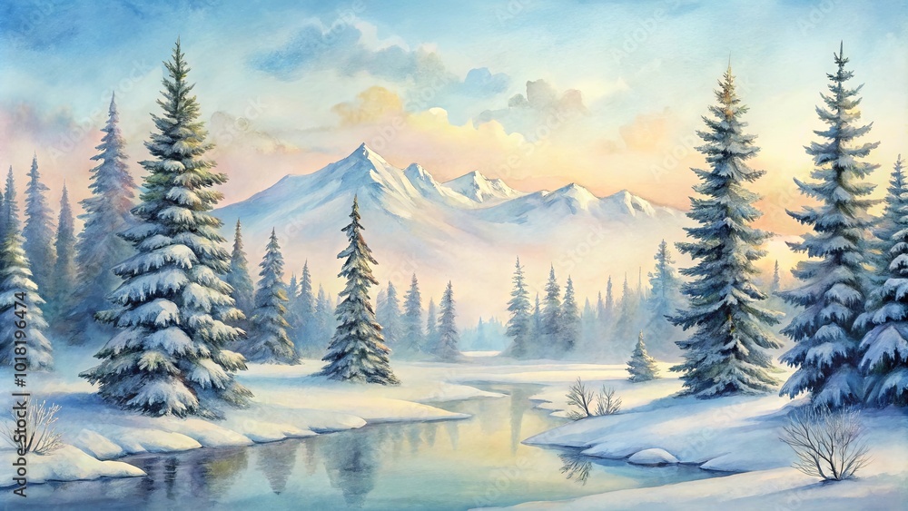 Fototapeta premium A Serene Winter Landscape with Snow-Capped Mountains, Evergreen Trees, and a Winding River Reflecting the Tranquil Sky