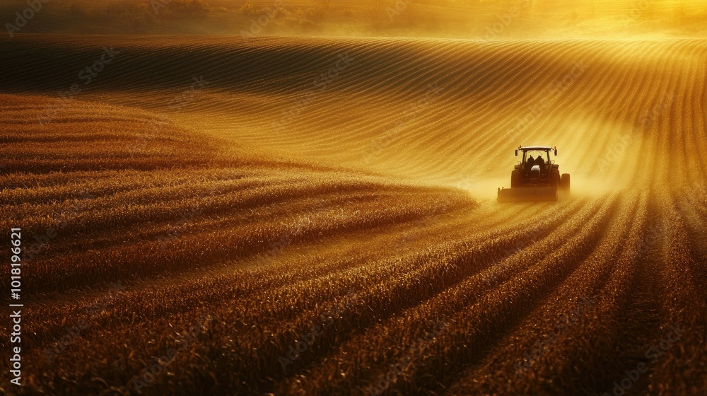 A tractor plowing through a cornfield at sunset, with golden light illuminating the rows of plants. A tractor plowing through a cornfield at sunset, with golden light illuminating the rows of plants.