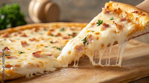 Melted cheese being stretched as a slice of pizza is pulled away, close-up of the stringy texture, Picture taken by Nikon Z7 35mm+ lens