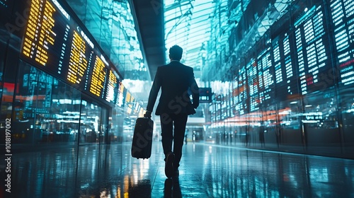 Sleek Business Executive Walking Through Airport Terminal