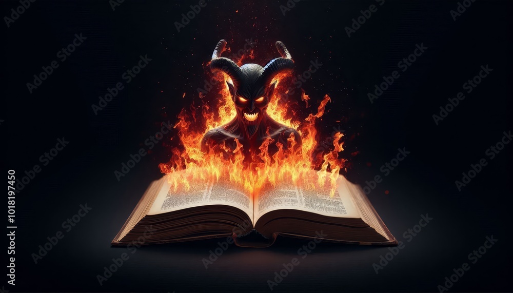 A demonic figure emerges from a fiery inferno within an open book ...