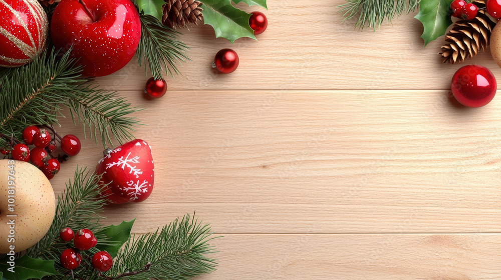 Festive Christmas decorations with red and gold ornaments, pine cones, and holly leaves create cheerful holiday atmosphere on wooden background Festive Christmas decorations with red and gold ornaments, pine cones, and holly leaves create cheerful holiday atmosphere on wooden background