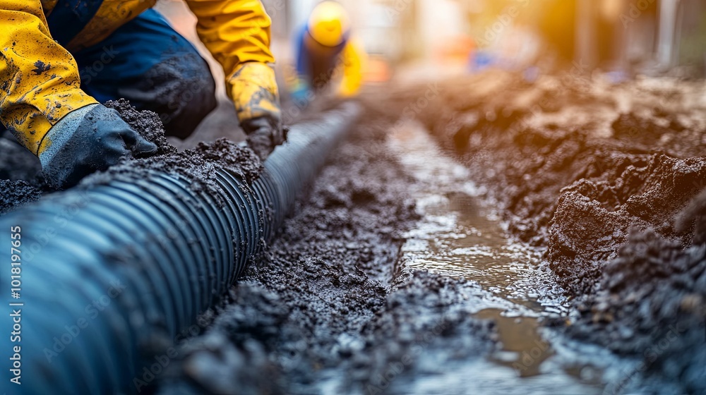 Construction Worker Installing Drainage Pipe in Mud Construction Worker Installing Drainage Pipe in Mud