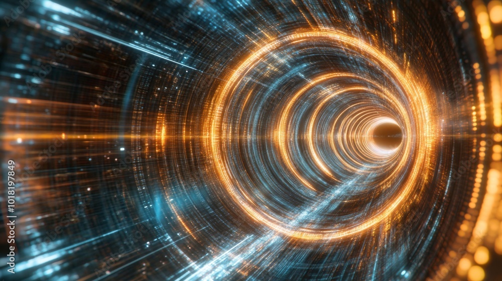 Obraz premium Abstract Digital Tunnel with Glowing Orange and Blue Rings