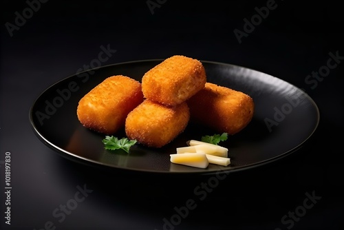 Fried chicken nuggets served with fries and potatoes on a plate, perfect for a tasty snack or meal photo