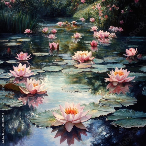 A tranquil garden pond surrounded by blooming water lilies, with soft reflections of the flowers on the still water